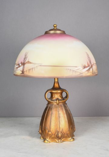 Handel Brass Table Lamp w/Painted Glass Shade