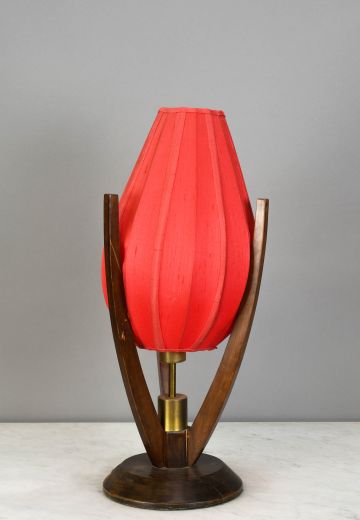 Mid Century Red Fabric & Wood Table Lamp