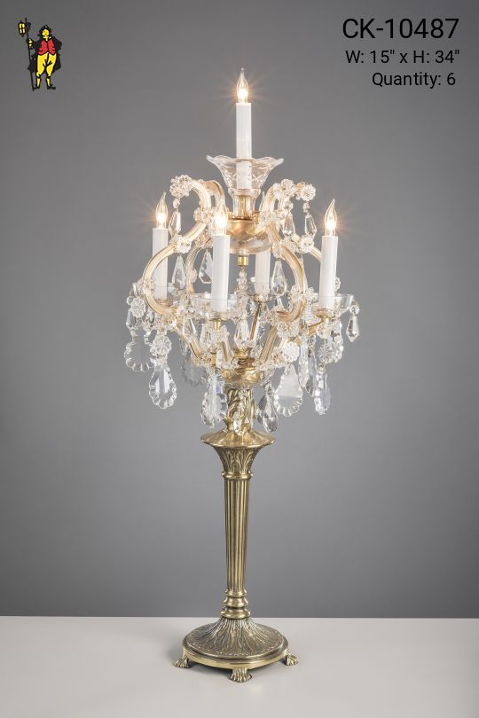 34" Five Light Cystal & Brass Table Candelabra