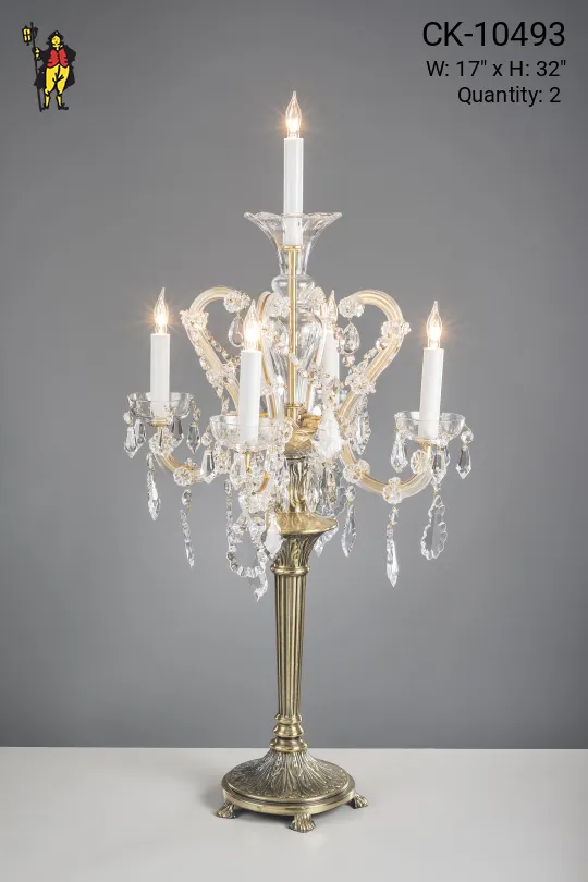 32" Five Light Cystal & Brass Table Candelabra