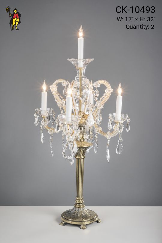 32" Five Light Cystal & Brass Table Candelabra
