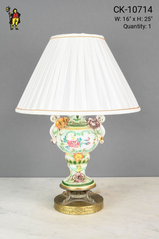 Green & White Floral Painted Ceramic Table Lamp