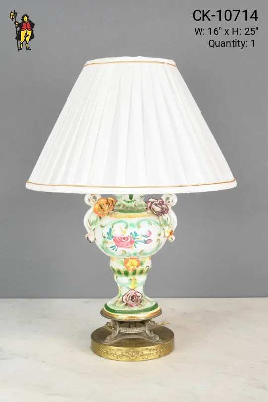 Green & White Floral Painted Ceramic Table Lamp