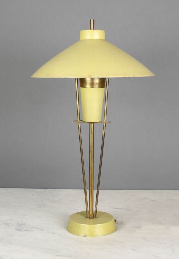 Mid Century Yellow-Green & Brass Table Lamp