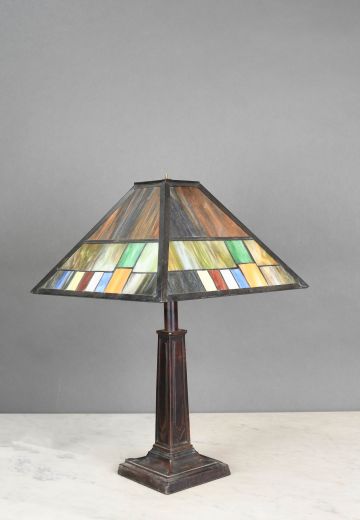 Slag Glass Shaded Bronze Table Lamp