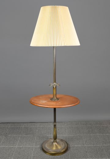 Brass Pole Floor Lamp w/Built in Wooden Table