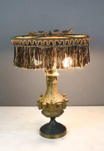 Art Glass & Fringe Shaded Brass Table Lamp