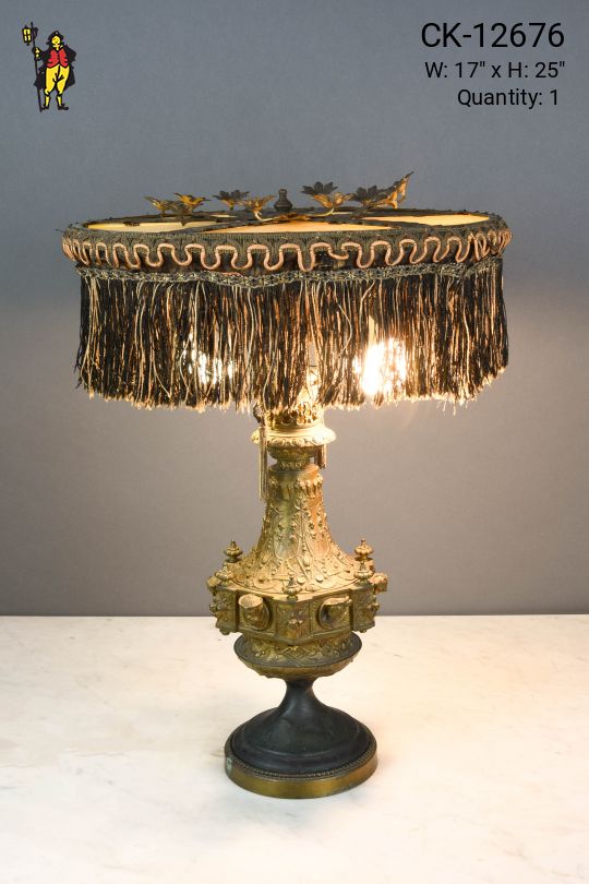 Art Glass & Fringe Shaded Brass Table Lamp