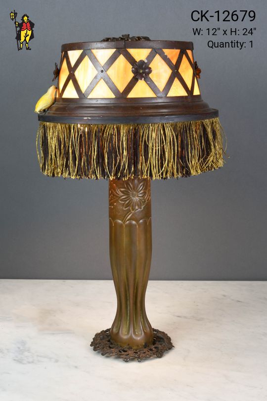 Art Glass & Fringe Shaded Brass Table Lamp
