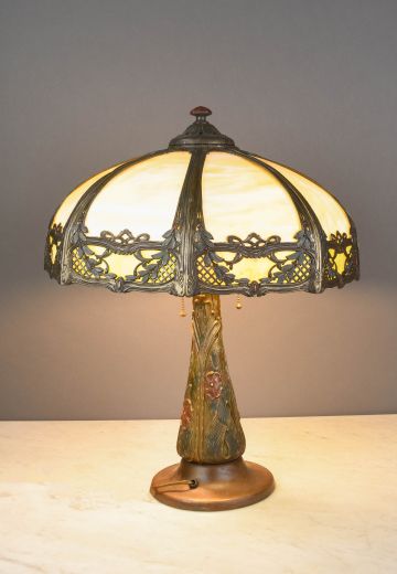 Yellow Art Glass Shaded Brass Table Lamp
