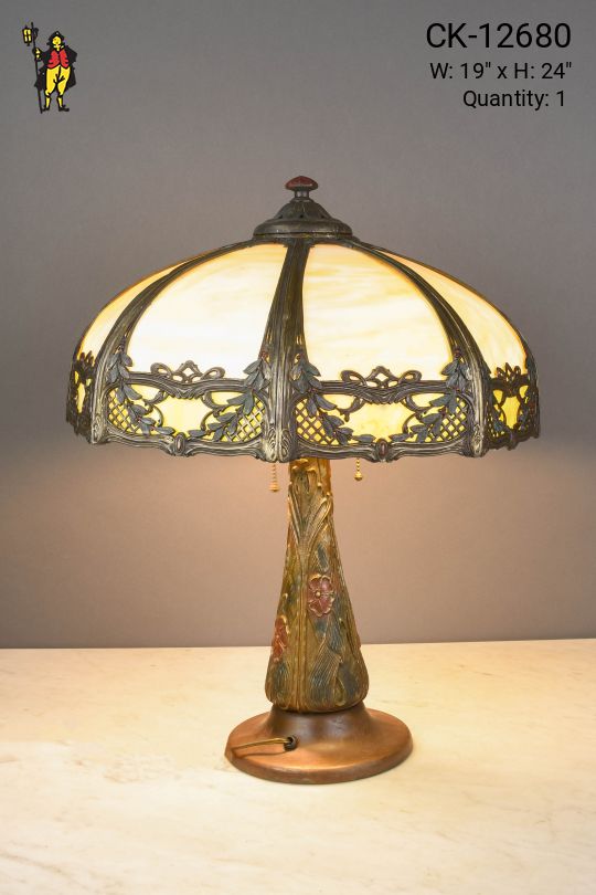 Yellow Art Glass Shaded Brass Table Lamp