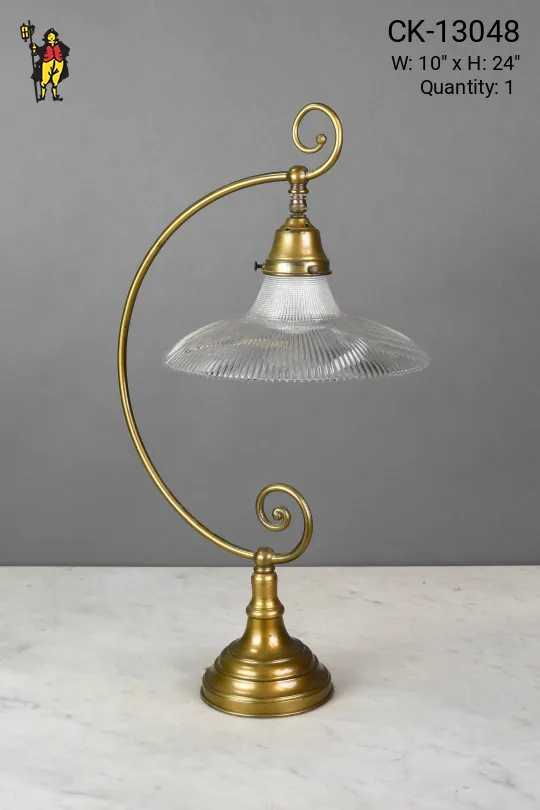Brass Table Lamp w/Holophane Glass Shade