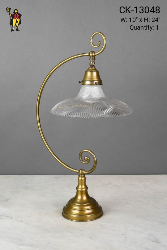 Brass Table Lamp w/Holophane Glass Shade