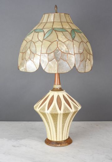 Mid Century Beige & Brown Table Lamp w/Floral Mica Shade