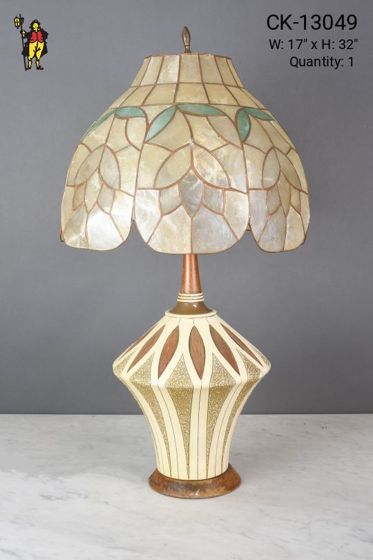 Mid Century Beige & Brown Table Lamp w/Floral Mica Shade