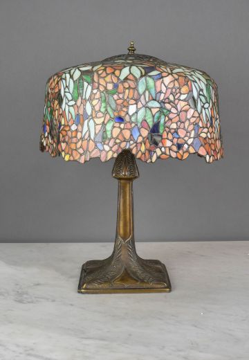 Multicolor Floral Art Glass Shaded Brass Table Lamp