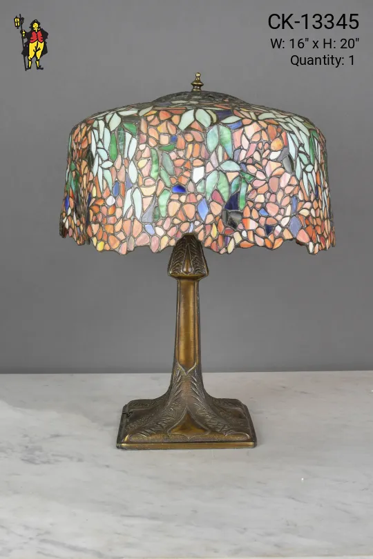 Multicolor Floral Art Glass Shaded Brass Table Lamp