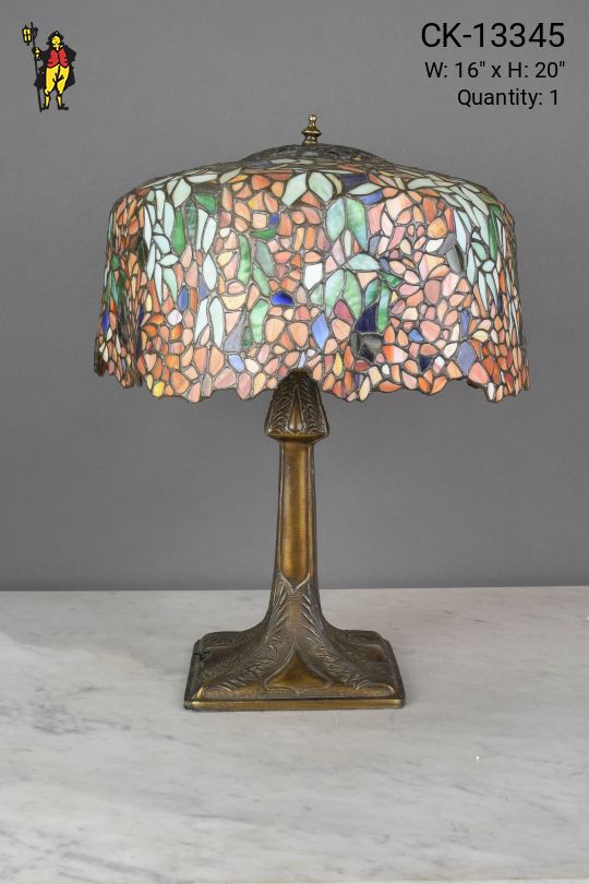 Multicolor Floral Art Glass Shaded Brass Table Lamp