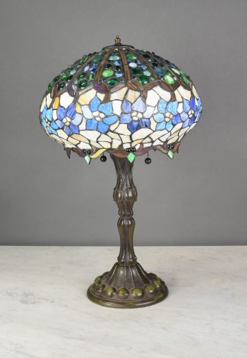 Blue & White Floral Art Glass Shaded Bronze Table Lamp