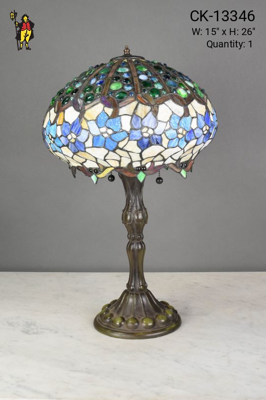 Blue & White Floral Art Glass Shaded Bronze Table Lamp