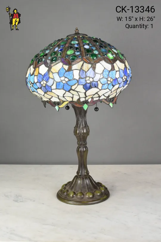 Blue & White Floral Art Glass Shaded Bronze Table Lamp