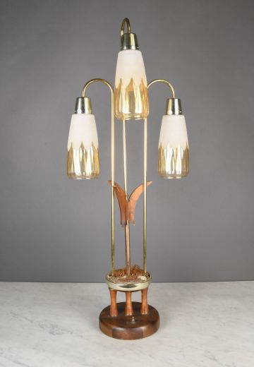 Three Light Wood & Brass Oversize Table Lamp