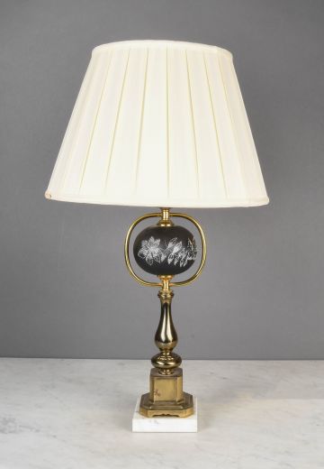 Painted Floral Brass & Black Table Lamp