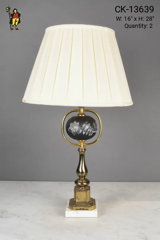 Painted Floral Brass & Black Table Lamp