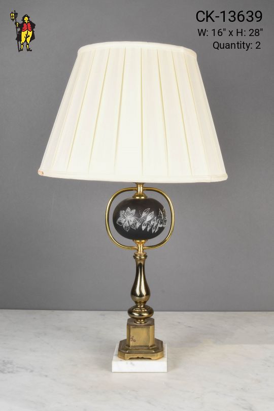 Painted Floral Brass & Black Table Lamp