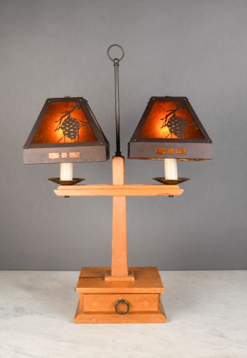 Two Light Mica Shaded Wooden Oversize Table Lamp