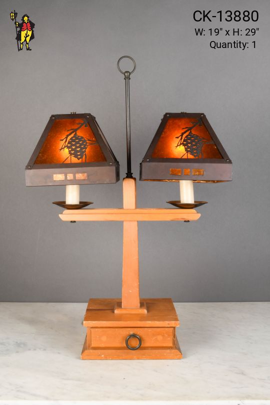 Two Light Mica Shaded Wooden Oversize Table Lamp