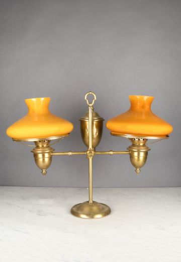 Two Light Faux-Oil Electrified Brass Table Lamp