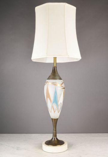 Oversize Painted Blue & White Mid Century Table Lamp