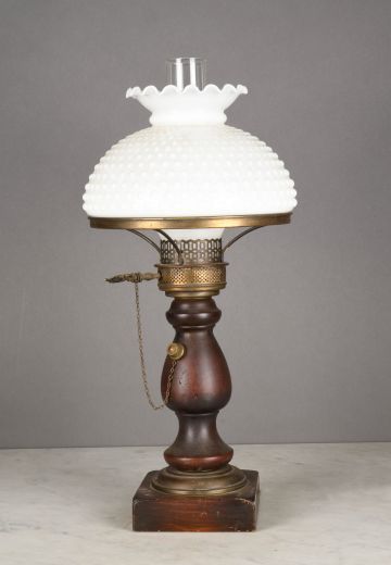 Wooden Faux-Oil Table Lamp w/Glass Student Shade
