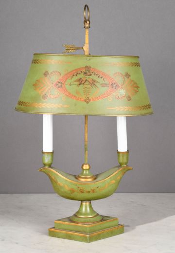 Green Metal Shaded Two Candle Table Lamp