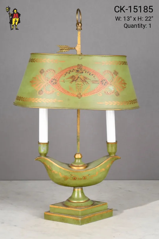 Green Metal Shaded Two Candle Table Lamp