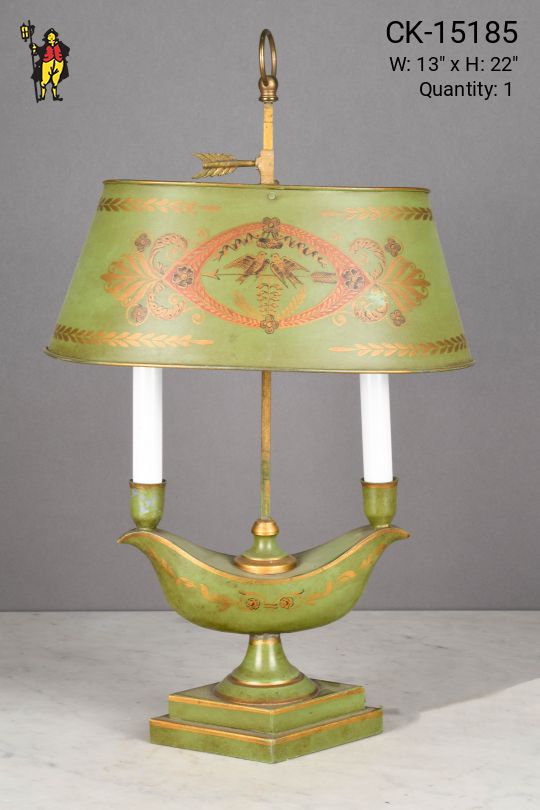 Green Metal Shaded Two Candle Table Lamp
