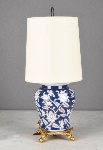 Small Painted Blue Floral Ceramic Table Lamp w/Brass Feet