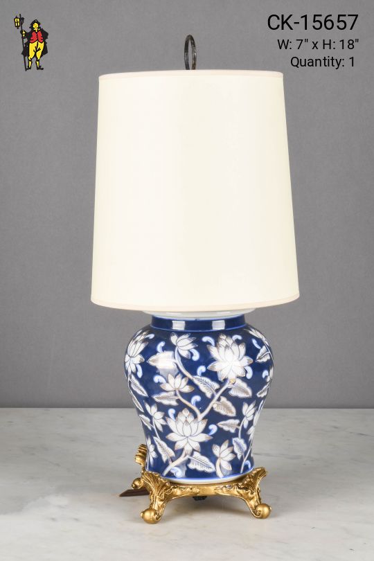 Small Painted Blue Floral Ceramic Table Lamp w/Brass Feet