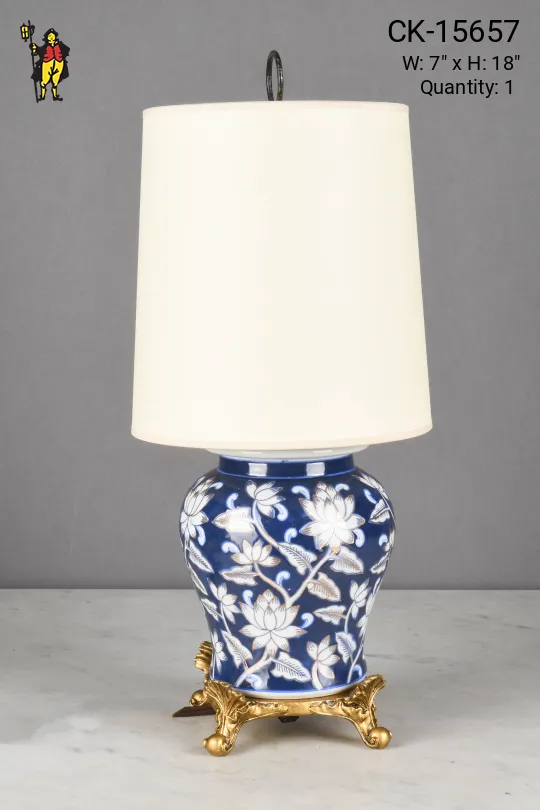 Small Painted Blue Floral Ceramic Table Lamp w/Brass Feet