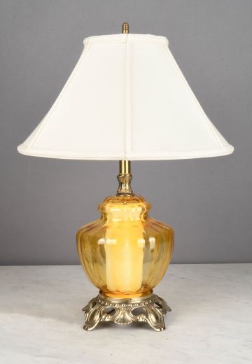 Amber Glass & Antique Brass Table Lamp