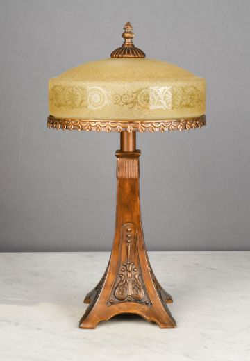 Etched Glass Shaded Bronze Table Lamp