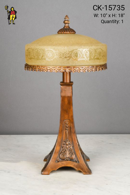 Etched Glass Shaded Bronze Table Lamp