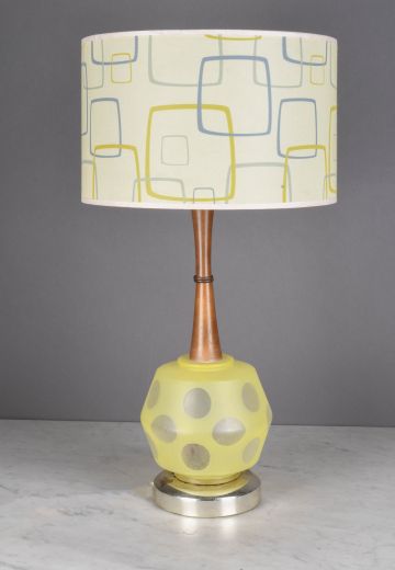 Yellow Glass & Wood Mid Century Table Lamp