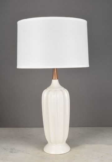 White w/Wood Accented Mid Century Ceramic Table Lamp