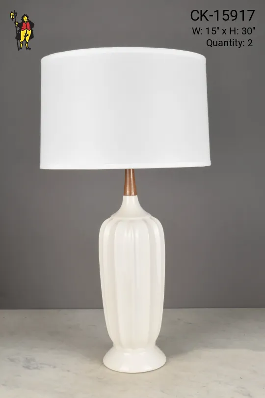 White w/Wood Accented Mid Century Ceramic Table Lamp