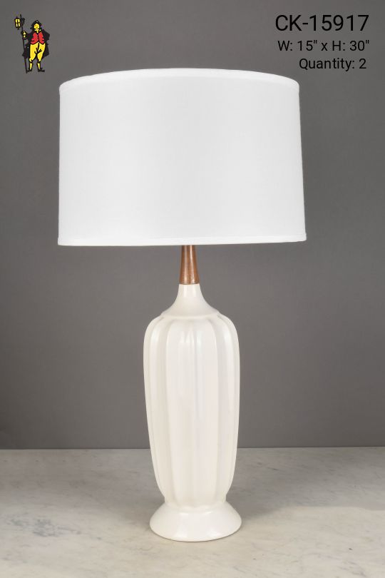 White w/Wood Accented Mid Century Ceramic Table Lamp