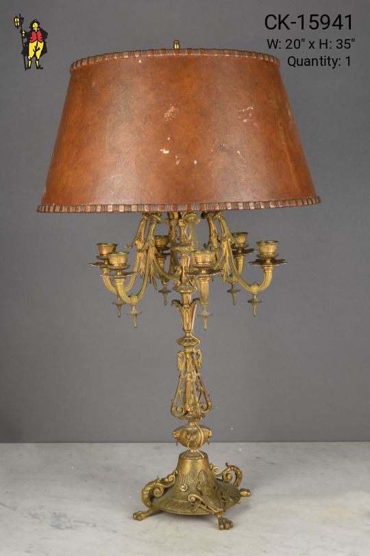 One Electrified Socket w/Six Candle Holder Brass Mica Shaded Table Lamp