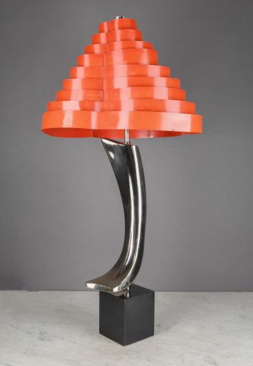 Polished Nickel Seventies Red Metal Shaded Table Lamp