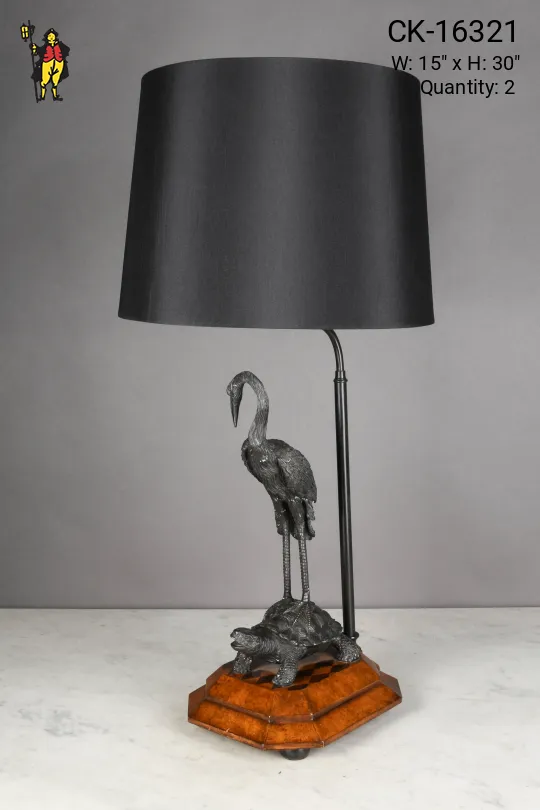 Black Turtle & Bird Figure Table Lamp On Wooden Base